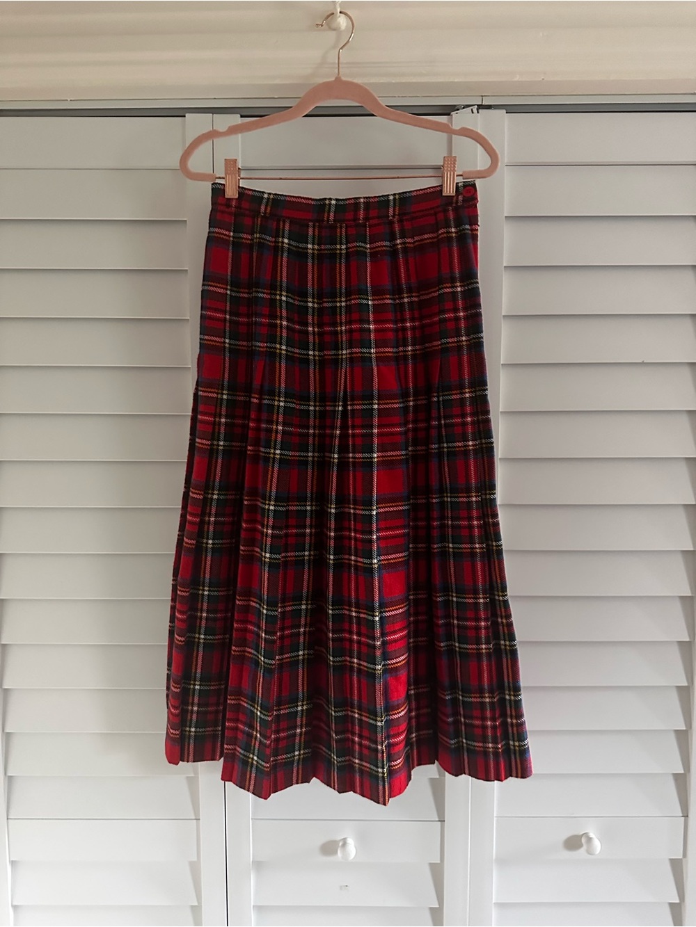 VTG Wool Classic Red Tartan Pleated Midi Skirt